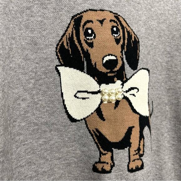 Nikka K graphic novelty gray sweater Dachshund Dog Bow Pearl Christmas NEW sz L - Picture 5 of 10